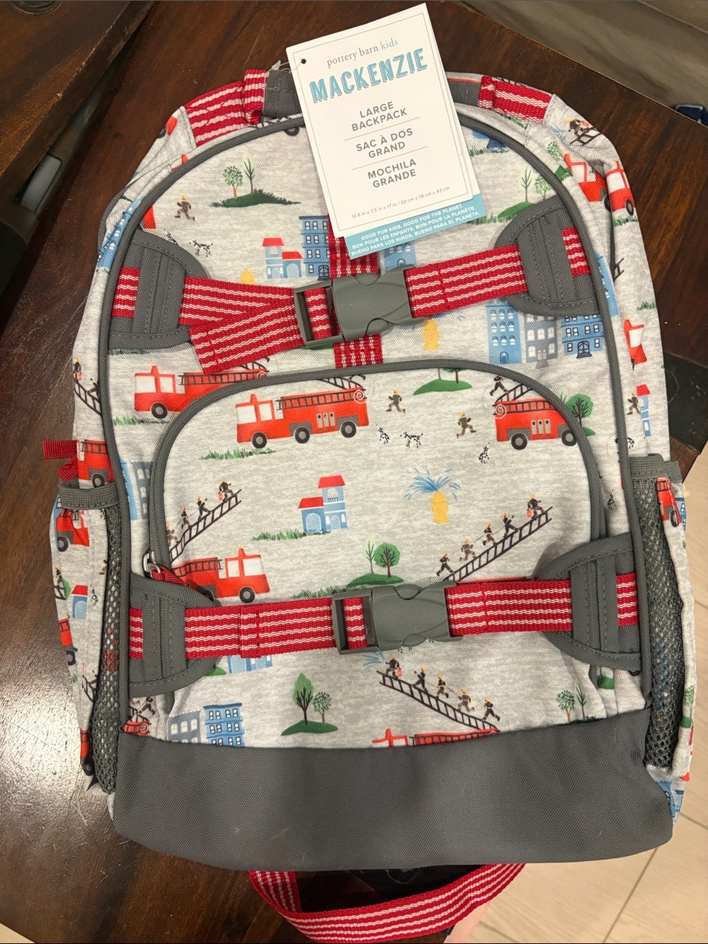Pottery Barn Kids Mackenzie Backpack in Gray with Red Firetruck Print